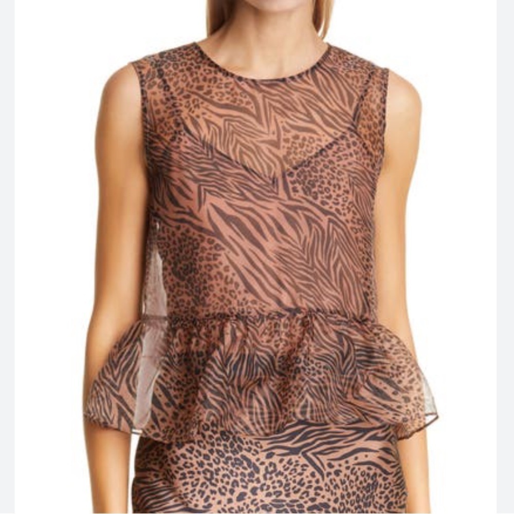 CAMI NYC Leopard Animal Print Amira Jungle Peplum Silk Organza Sheet Top Sz M